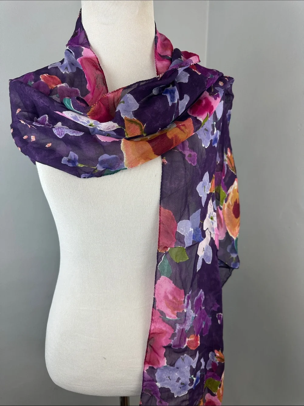 NWT Chicos Vintage Deadstock Sheer Purple Floral Saskian Scarf